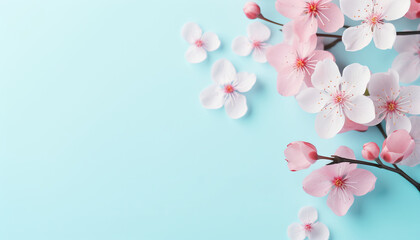 Fototapeta na wymiar Minimalistic background with spring flowers on a soft blue background. Copy space