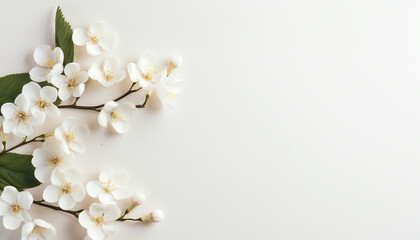Minimalistic background with spring flowers on a light background. Copy space