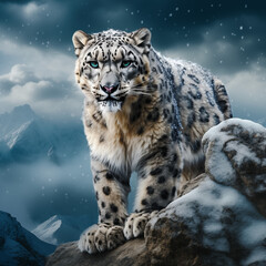 Fototapeta premium now Leopard in a Snowy Mountain Landscape