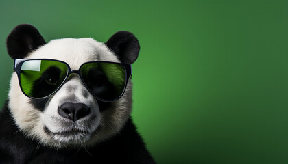 Panda in sunglasses on a green background. Copy space