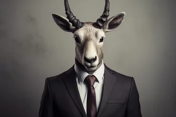 Poster Illustration of a man wearing a goat mask over his head and a formal suit, Man with animal head in suit © Karolina