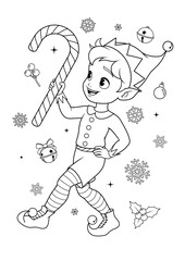 Cute little Elf dancing with Christmas candy cane. Santas little helper coloring book page for kids vector illustration.