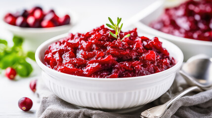 Pureed red cranberry sauce in a white ceramic plate pot on the table. Traditional Thanksgiving jam, natural berry sauce.