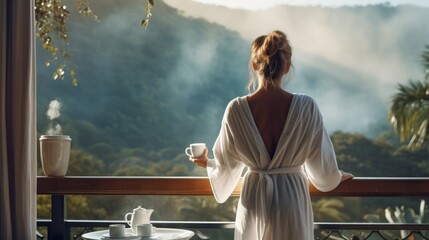 Back view of a happy woman with a cup of coffee or tea in a white towel after showering, standing...