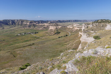 The access road to the National Monument with Mitchell Pass, seen from the South Overlook of Scotts Bluff National Monument
