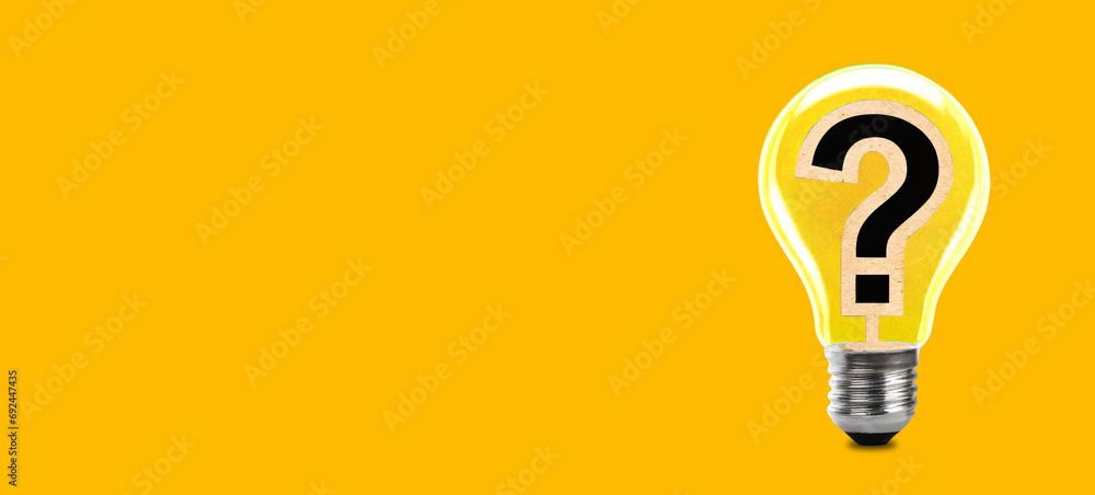 Poster creative idea or problem solving concept on yellow background. light bulb and question mark.