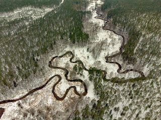 A small stream named Gruda from above, Lithuanian winter forests, Dzukija National Park. - obrazy, fototapety, plakaty