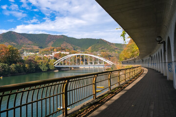 神奈川県相模原市 秋の相模湖、嵐山洞門の遊歩道