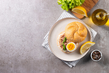 Delicious tuna open sandwiches. Buns with canned tuna, lemon, cream cheese and boiled egg.