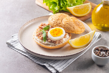 Fototapeta na wymiar Delicious tuna open sandwiches. Buns with canned tuna, lemon, cream cheese and boiled egg.