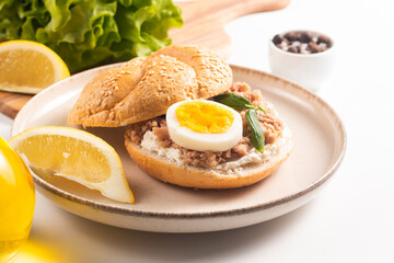 Delicious tuna open sandwiches. Buns with canned tuna, lemon, cream cheese and boiled egg.