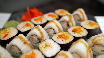 Concept of tasty food with sushi, close up. Sushi close-up.