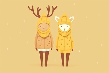 Cute cartoon deer couple in love in knitted cozy sweaters, Valentine's day card