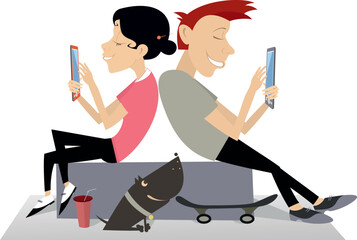 Young people sitting back to back and using smartphones.
Modern life. Communication. Young people sitting back to back and using smartphones
