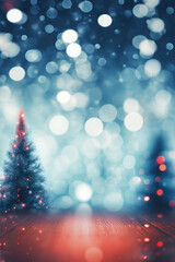 Blurred abstract christmas background with blue and red christmas lights with new year tree