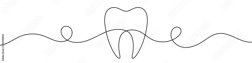 Poster continuous line drawing of tooth. single line tooth icon.