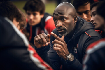 COACH GIVING A TALK TO HIS TEAM. - obrazy, fototapety, plakaty