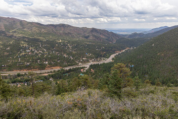 Looking over Cascade at the base of Pikes Peak, seen from the beginning of Pikes Peak Highway