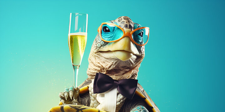 A funny turtle with champagne glass, champagne cheers during a celebration, isolated on blue background, 