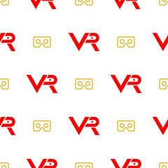 Seamless vector pattern with VR logos. Virtual reality red and golden logos