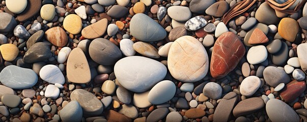 Abstract symphony of smooth pebbles on beach. Round and textured stones create harmony of shapes and patterns inviting sense of tranquility