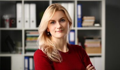Normal blond woman portrait at office workplace concept