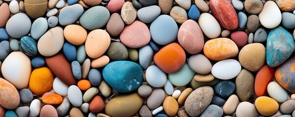 Abstract symphony of smooth pebbles on beach. Round and textured stones create harmony of shapes and patterns inviting sense of tranquility - obrazy, fototapety, plakaty