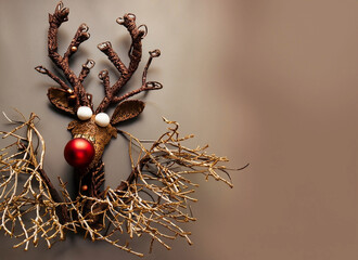 Craft work of a reindeer with Christmas decorations, space for text, Christmas card