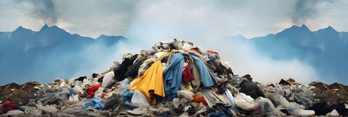 Garbage stack of cloth industrial pollution awareness global pollution.Textile, fast fashion waste landfill.
