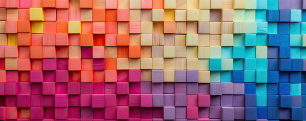 Colored wooden cubes wall. Abstract geometric rainbow blocks. wide banner