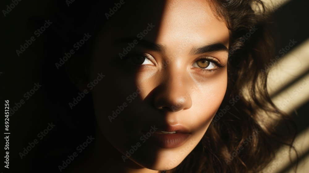 Poster Artistic portrait of woman with half of face in shade and half in the light