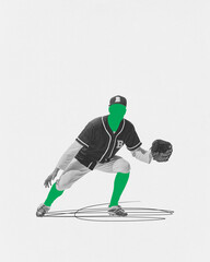 Poster. Contemporary art collage. Green silhouette in black and white uniform of professional baseball player.
