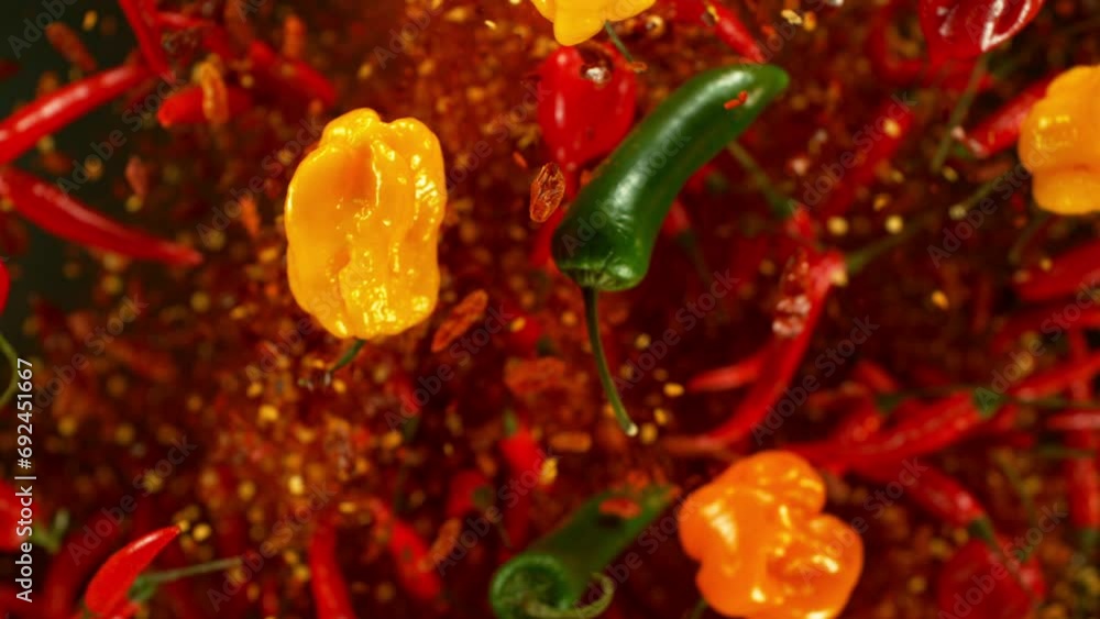 Poster super slow motion of rotating spices mix on black background. filmed on high speed cinema camera, 10