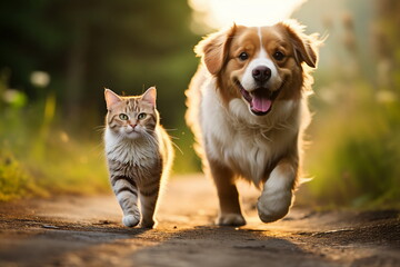 cat and dog walking on road in nature - Powered by Adobe