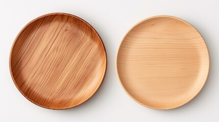 Overhead and viewpoint of vacant wooden dish on blank backdrop. - obrazy, fototapety, plakaty