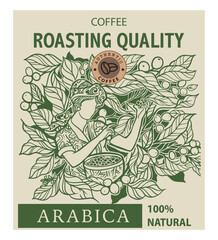 coffee tree and farmer of sketch ink drawing for label packaging, sticker, poster, promotion, banner, t-shirt, tote bag, label packaging sticker, background, logo, stamp.