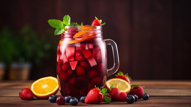 Classic Sangria cocktail made with red wine, exotic fruits and berries served in a mason jar.
