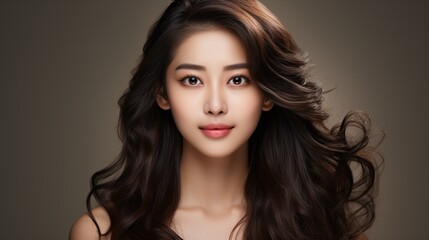Naklejka premium A youthful Asian woman with curly hair and Korean-inspired makeup poses against a neutral background, showcasing her flawless complexion and receiving facial care.