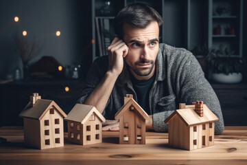 Young man is thinking about buying a house. He is sitting at the table and looking at the model of the house. - obrazy, fototapety, plakaty