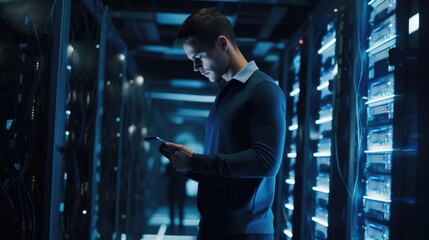 A young Caucasian man with a tablet computer stands in the middle of a server room. Collection and storage of large amounts of data. Checks the operation of servers and automation
