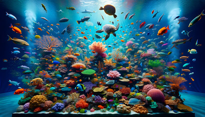 The image showcases a vivid underwater scene with a colorful coral reef, tropical fish, sea turtles, and rays, all captured in crystal-clear water