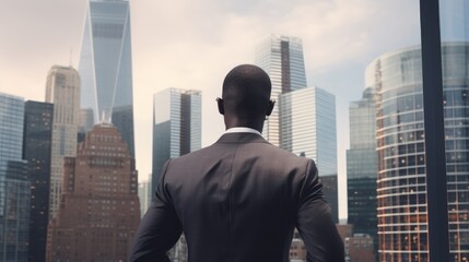 Fototapeta na wymiar Back view of an African American businessman in a formal suit against the backdrop of skyscrapers in the business district of the city. Success and prosperity. Hard work in finance