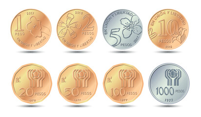 Set of pesos coin. Argentine pesos coins. Vector illustration. - obrazy, fototapety, plakaty