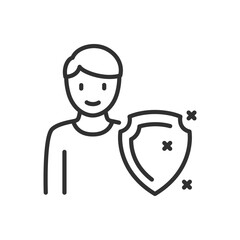 Man and shield against germs and viruses, linear icon. Line with editable stroke