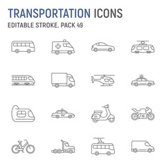 Transportation line icon set, vehicle collection, vector graphics, logo illustrations, transport vector icons, vehicle signs, outline pictograms, editable stroke