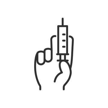 Syringe in hand, preparation for injection, linear icon, injection, vaccine. Line with editable stroke