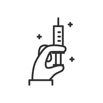 Syringe in hand, linear icon, preparation for injection, injection, vaccine. Line with editable stroke