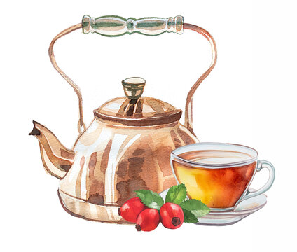 Vintage teapot and glass cup with rosehip berries illustration. Retro kettle design. Hot drink clipart isolated on a white background. Calming herbal tea clipart. Drink for better health.