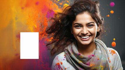 Happy woman in Holi celebration, social media banner design, sale and promotion campaign.