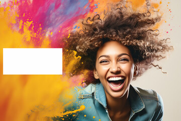 Happy woman in Holi celebration, social media banner design, sale and promotion campaign.